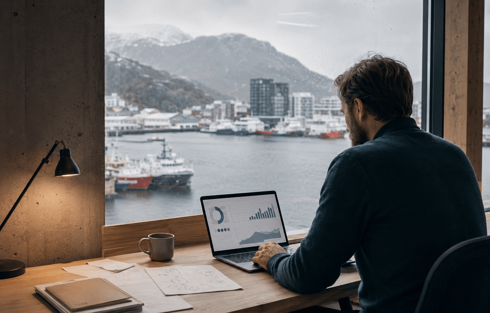 En person arbeider med digitale analyser ved et vindu med utsikt over Bodø havn og fjellene