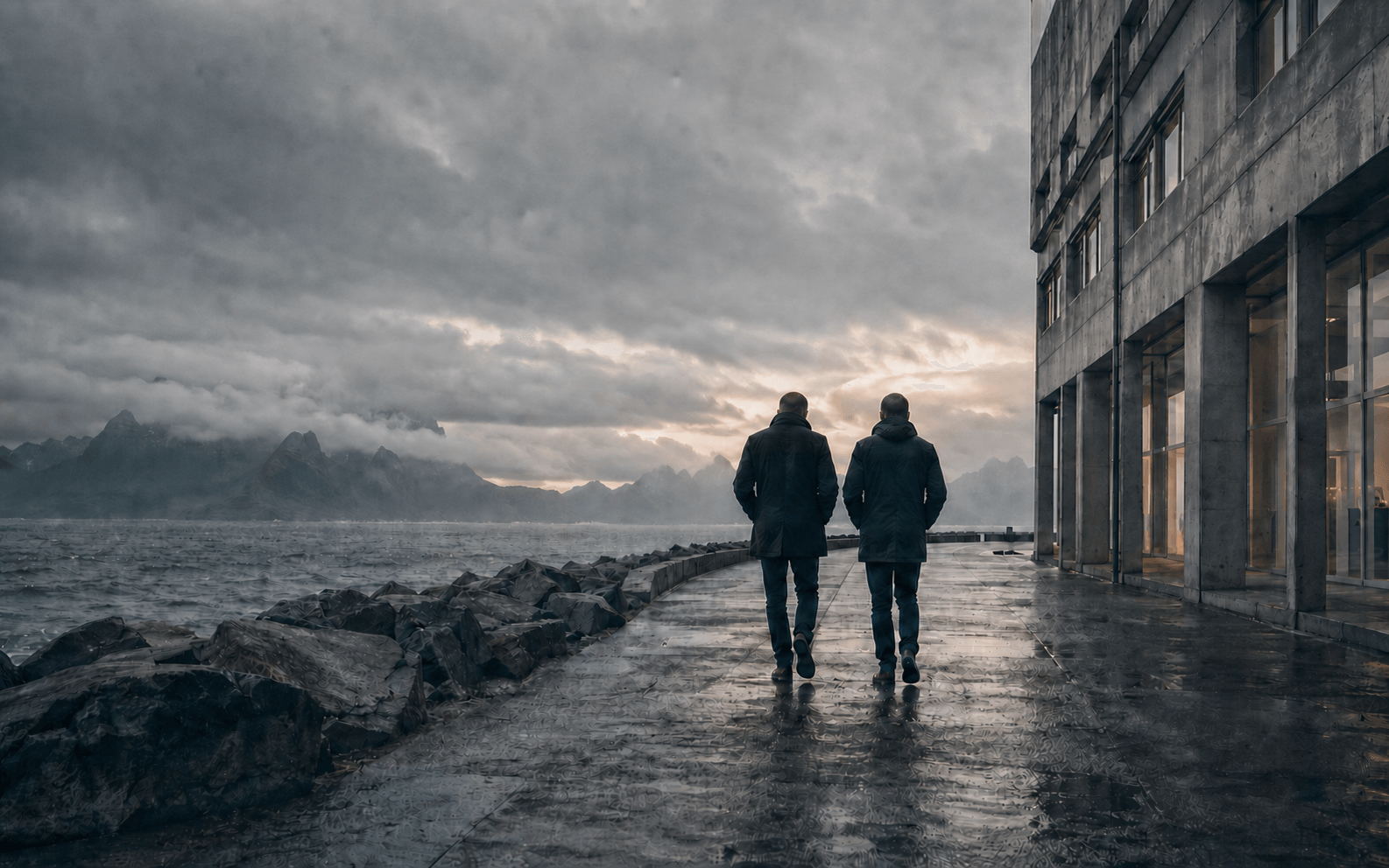 To personer går langs sjøen mot fjellene ved et moderne bygg i Nord-Norge